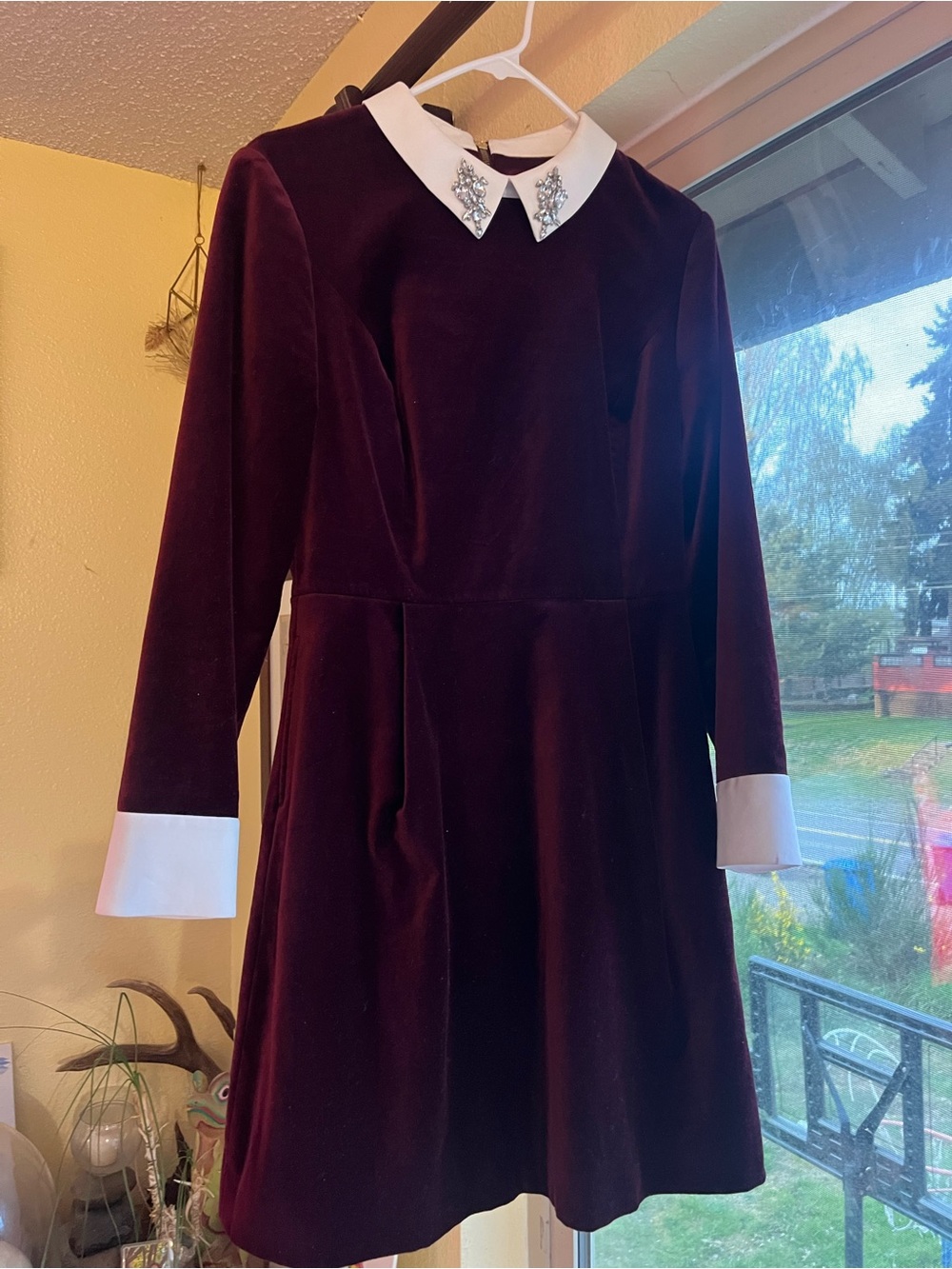 Ted Baker Burgundy Velvet Dress with White Collar and Cuffs
